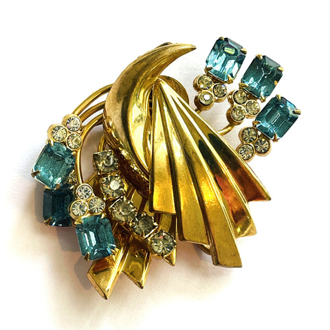 Aqua & Clear Rhinestone Vintage Pendant Brooch-Vintageonline-Vintage Online