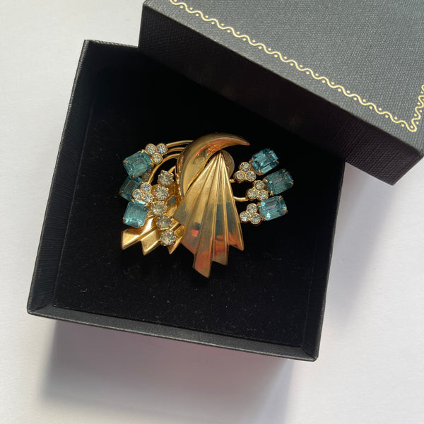 Aqua & Clear Rhinestone Vintage Pendant Brooch-Vintageonline-Vintage Online