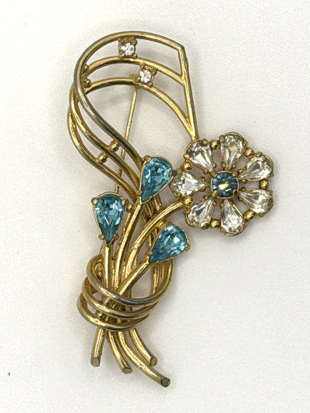 Aqua and Clear Rhinestone Vintage Brooch-Vintageonline-Vintage Online