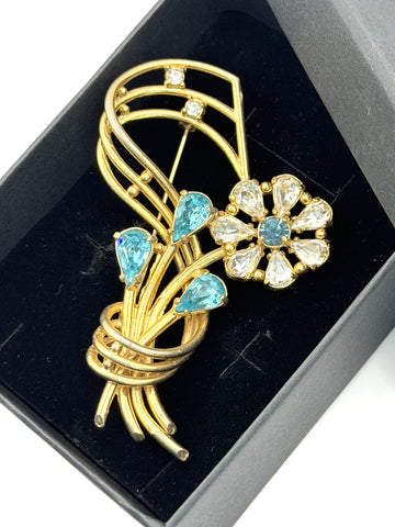 Aqua and Clear Rhinestone Vintage Brooch-Vintageonline-Vintage Online