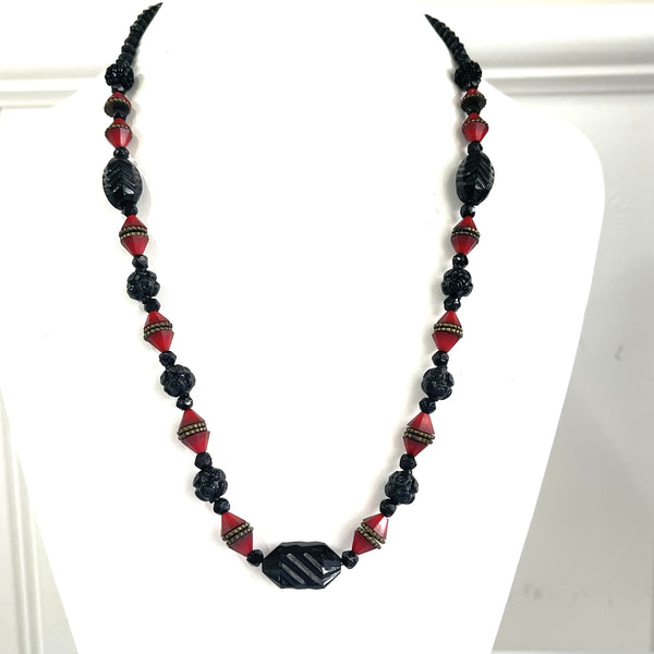 Art Deco Red & French Jet Glass Bead Necklace-Art Deco-Vintage Online