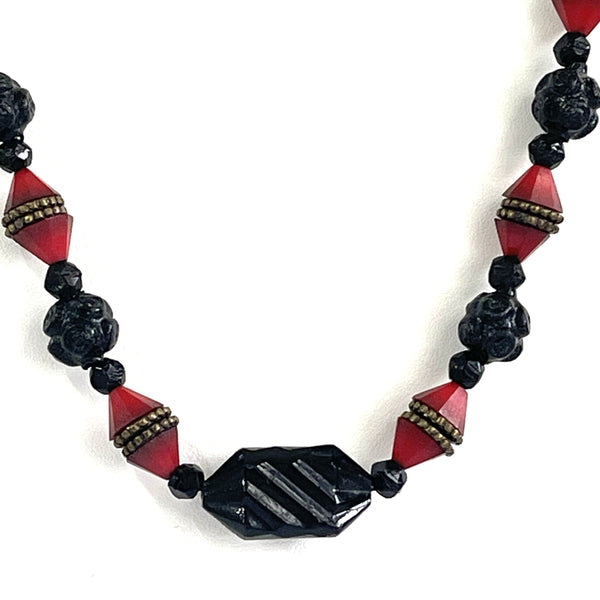 Art Deco Red & French Jet Glass Bead Necklace-Art Deco-Vintage Online