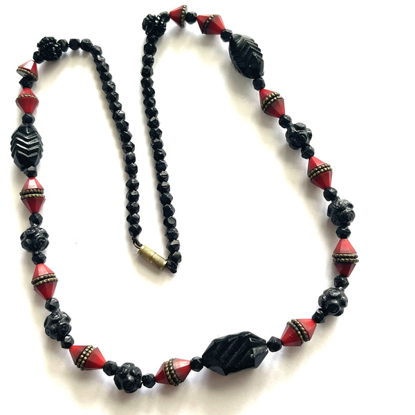 Art Deco Red & French Jet Glass Bead Necklace-Art Deco-Vintage Online