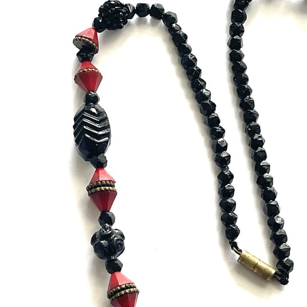 Art Deco Red & French Jet Glass Bead Necklace-Art Deco-Vintage Online