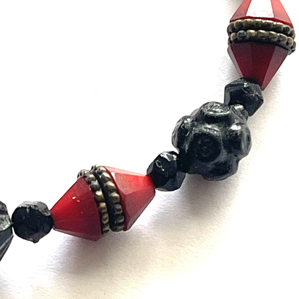 Art Deco Red & French Jet Glass Bead Necklace-Art Deco-Vintage Online