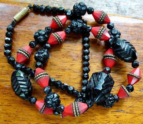 Art Deco Red & French Jet Glass Bead Necklace-Art Deco-Vintage Online