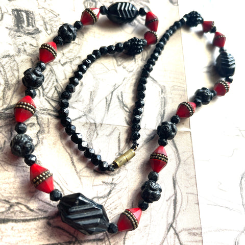 Art Deco Red & French Jet Glass Bead Necklace-Art Deco-Vintage Online
