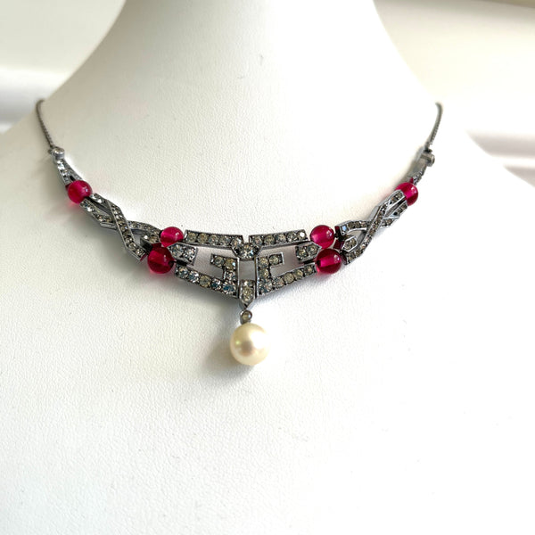 Art Deco Rhinestone and Pearl Vintage Necklace-Vintageonline-Vintage Online