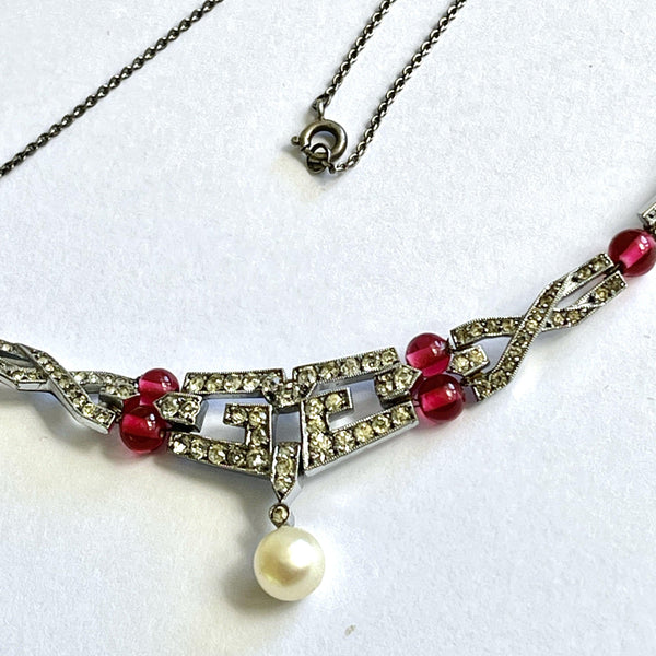 Art Deco Rhinestone and Pearl Vintage Necklace-Vintageonline-Vintage Online