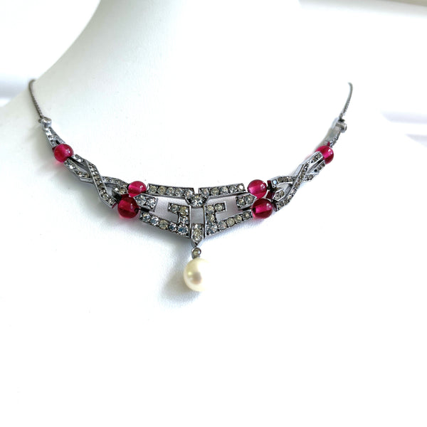 Art Deco Rhinestone and Pearl Vintage Necklace-Vintageonline-Vintage Online