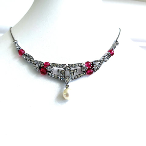 Art Deco Rhinestone and Pearl Vintage Necklace-Vintageonline-Vintage Online