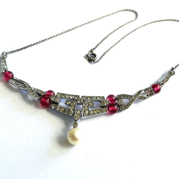 Art Deco Rhinestone and Pearl Vintage Necklace-Vintageonline-Vintage Online