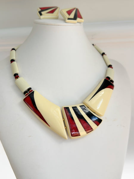 Art Deco Style Enamelled Ceramic Necklace and Earrings-Vintage Online-Vintage Online