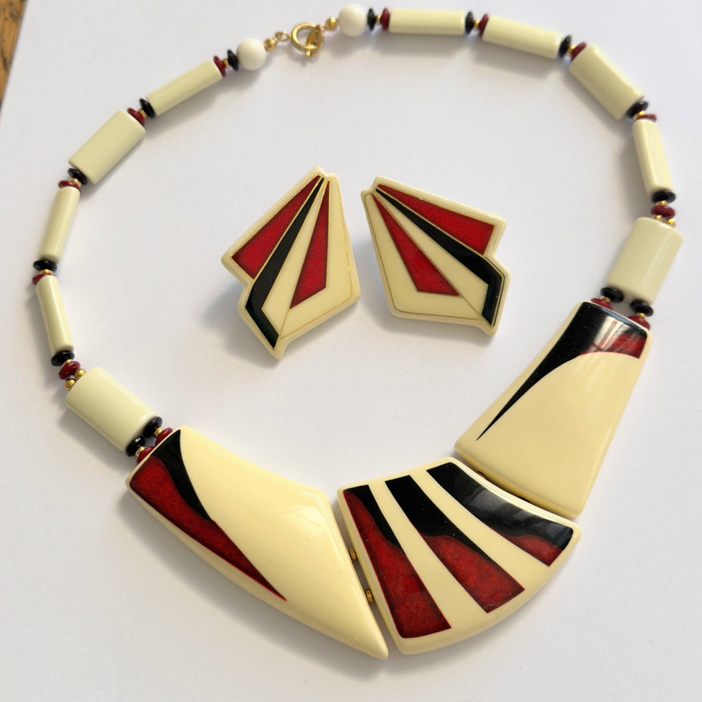 Art Deco Style Enamelled Ceramic Necklace and Earrings-Vintage Online-Vintage Online