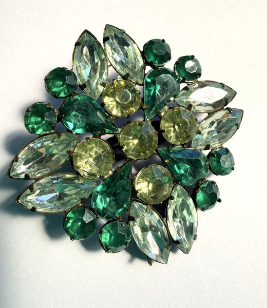 Art Glass Green & Clear Rhinestone Vintage 60's Brooch-Vintageonline-Vintage Online