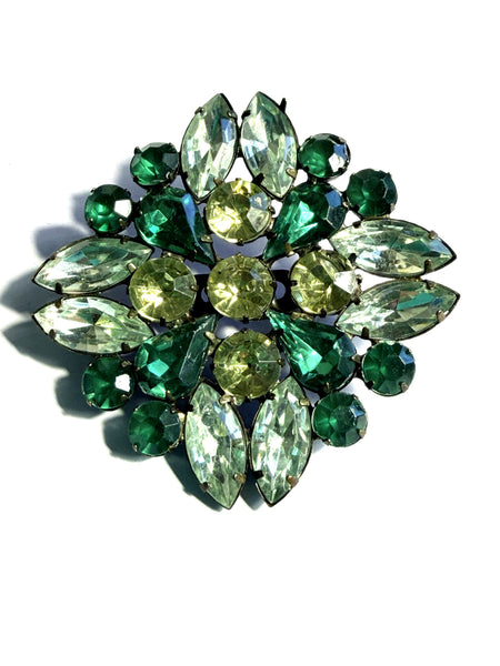 Art Glass Green & Clear Rhinestone Vintage 60's Brooch-Vintageonline-Vintage Online
