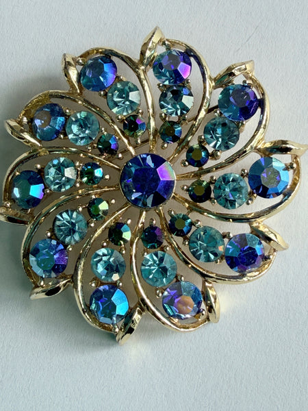 Aurora Borealis Blue Crystal Brooch & Matching Earrings Set-Vintageonline-Vintage Online