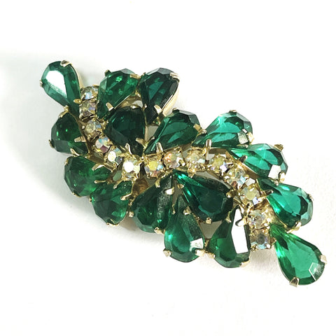 Aurora Borealis & Emerald Green Rhinestone 60's Vintage Brooch-Vintageonline-Vintage Online