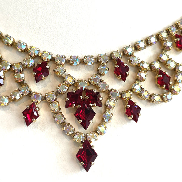 Aurora Borealis and Red Rhinestone Necklace-Vintageonline-Vintage Online