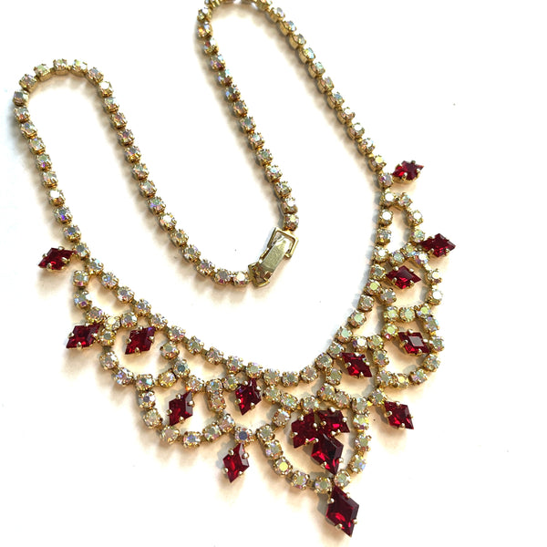 Aurora Borealis and Red Rhinestone Necklace-Vintageonline-Vintage Online