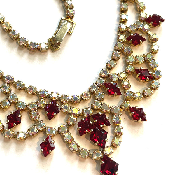 Aurora Borealis and Red Rhinestone Necklace-Vintageonline-Vintage Online