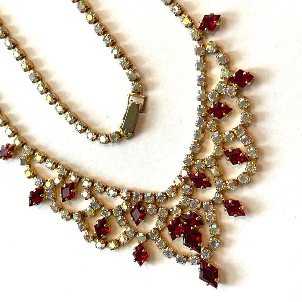 Aurora Borealis and Red Rhinestone Necklace-Vintageonline-Vintage Online