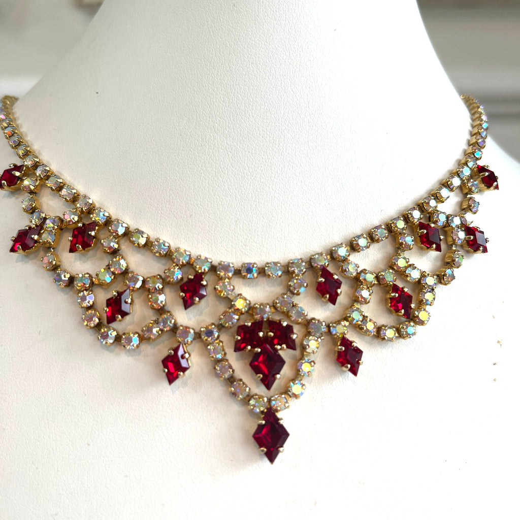 Aurora Borealis and Red Rhinestone Necklace-Vintageonline-Vintage Online