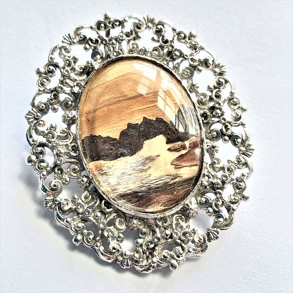 Bark Painting Cameo Brooch Pendant-Vintageonline-Vintage Online