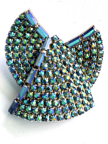 Blue Aurora Borealis Modernist Brooch & Earrings Set-Vintageonline-Vintage Online