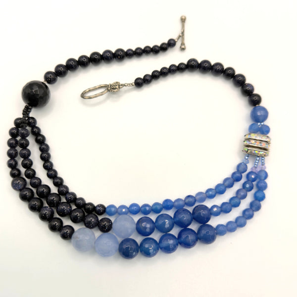 Blue & Black Bead With Rhinestone Vintage Necklace-Vintageonline-Vintage Online