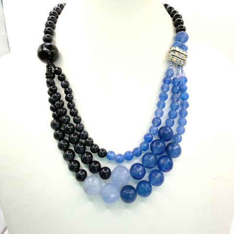 Blue & Black Bead With Rhinestone Vintage Necklace-Vintageonline-Vintage Online