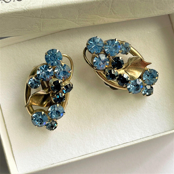 Blue Rhinestone 60's Clip On Earrings-Vintage Online-Vintage Online