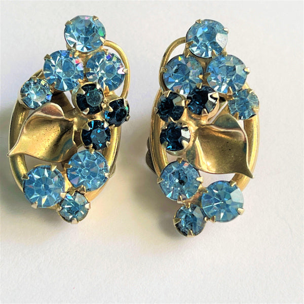 Blue Rhinestone 60's Clip On Earrings-Vintage Online-Vintage Online