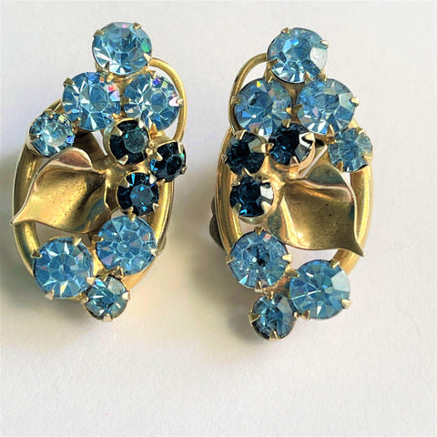 Blue Rhinestone 60's Clip On Earrings-Vintage Online-Vintage Online