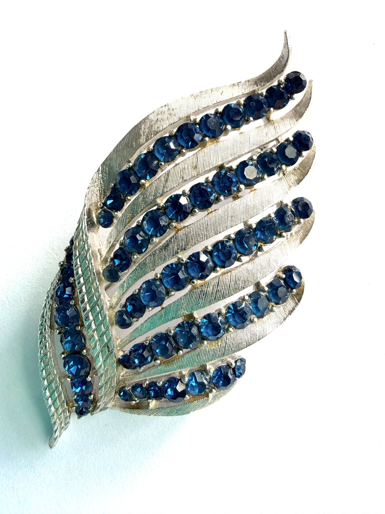 Blue Rhinestone on Silver tone Metal Vintage Brooch-Vintageonline-Vintage Online