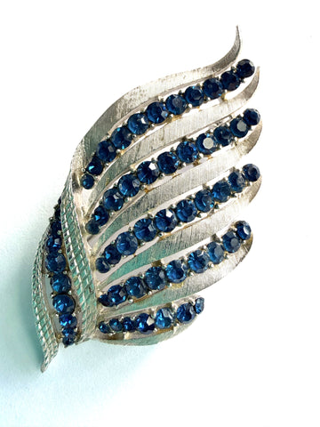 Blue Rhinestone on Silver tone Metal Vintage Brooch-Vintageonline-Vintage Online