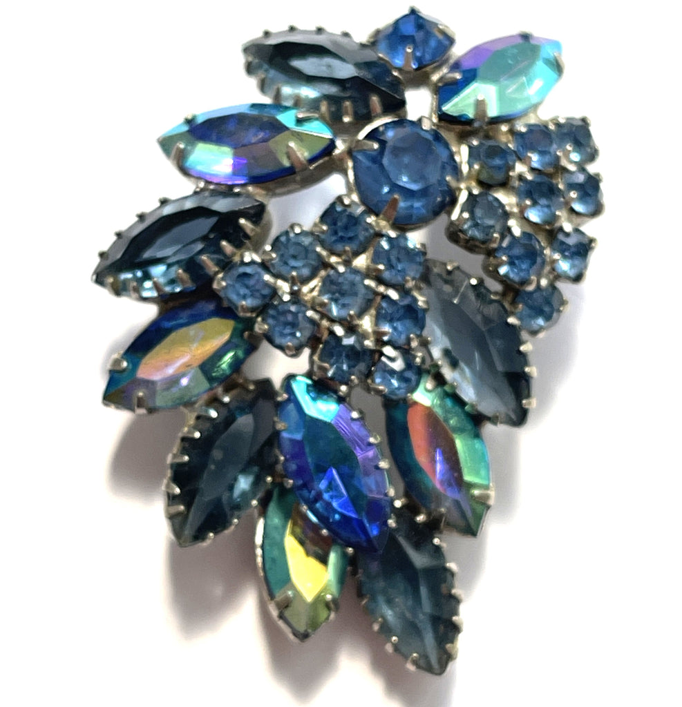 Blue Rhinestones & Aurora Borealis Rhinestone Vintage Brooch-Vintageonline-Vintage Online