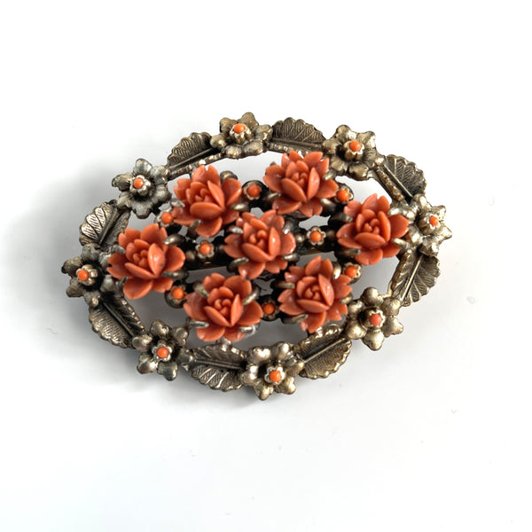 Carved Celluloid Coral Flower 60's Brooch-Vintageonline-Vintage Online