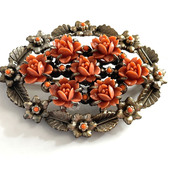 Carved Celluloid Coral Flower 60's Brooch-Vintageonline-Vintage Online