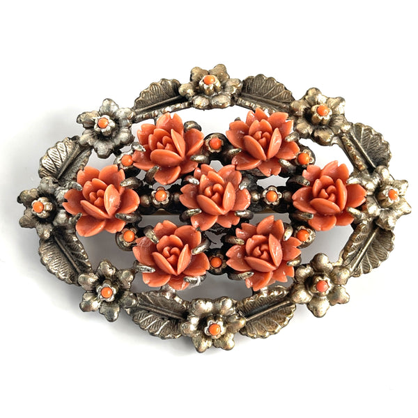 Carved Celluloid Coral Flower 60's Brooch-Vintageonline-Vintage Online