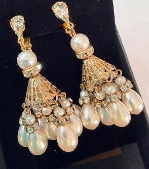 Chandelier Rhinestone & Pearl Designer Earrings-Vintageonline-Vintage Online