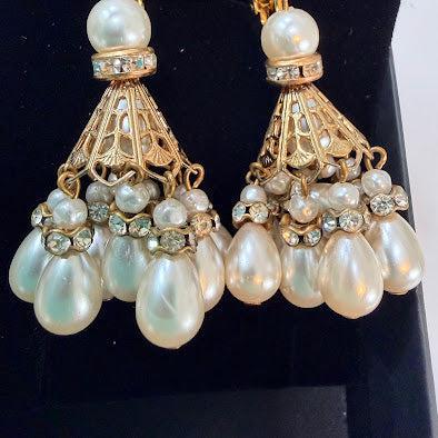 Chandelier Rhinestone & Pearl Designer Earrings-Vintageonline-Vintage Online