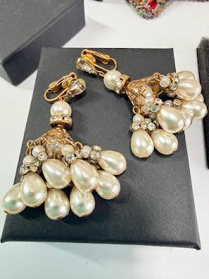 Chandelier Rhinestone & Pearl Designer Earrings-Vintageonline-Vintage Online