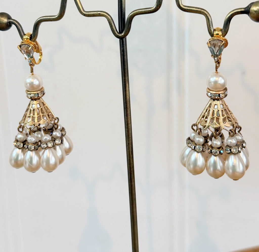 Chandelier Rhinestone & Pearl Designer Earrings-Vintageonline-Vintage Online