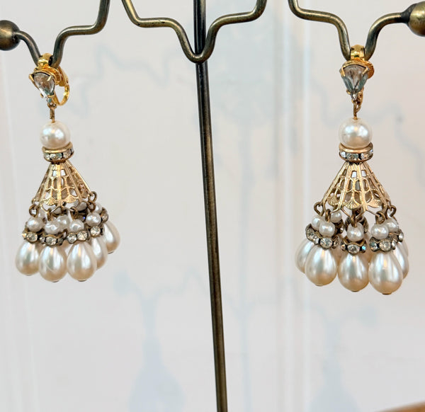 Chandelier Rhinestone & Pearl Designer Earrings-Vintageonline-Vintage Online