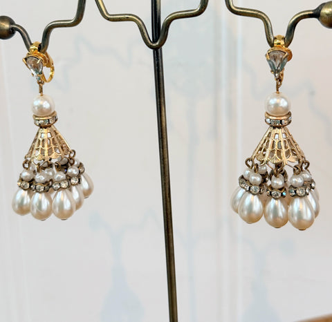 Chandelier Rhinestone & Pearl Designer Earrings-Vintageonline-Vintage Online