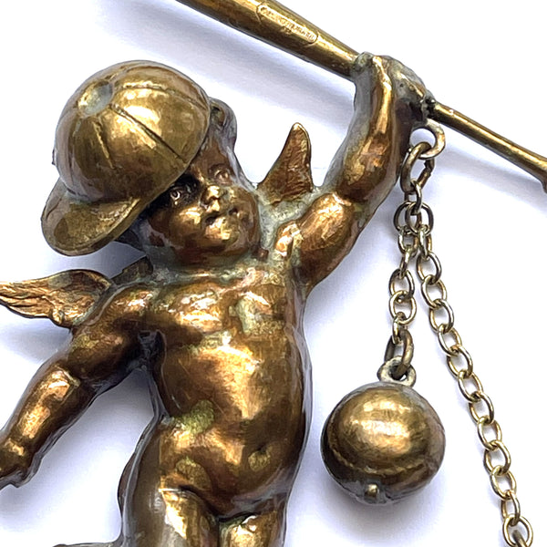 Cherub with Baseball Bat Love Token Brooch-Vintageonline-Vintage Online