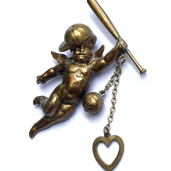 Cherub with Baseball Bat Love Token Brooch-Vintageonline-Vintage Online