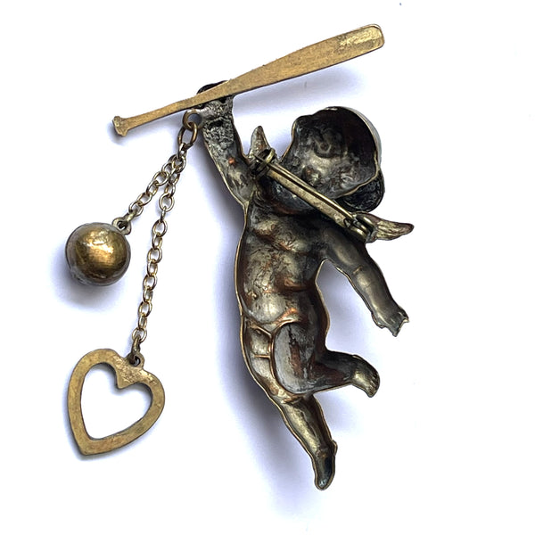 Cherub with Baseball Bat Love Token Brooch-Vintageonline-Vintage Online