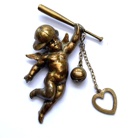 Cherub with Baseball Bat Love Token Brooch-Vintageonline-Vintage Online